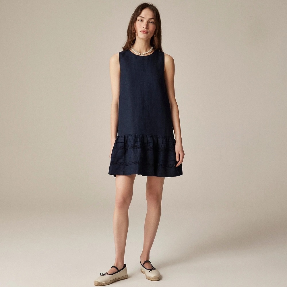 J. Crew 100% Linen‎ Dress Maxine Ruffle Hem Navy XXL Minimalist Preppy Beachy